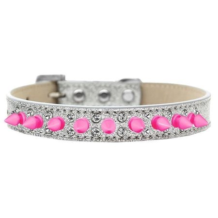 MIRAGE PET Mirage Pet 635-2 SV18 Double Crystal & Bright Pink Spikes Dog Collar; Silver Ice Cream - Size 18 635-2 SV18